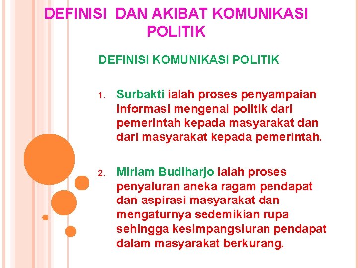 DEFINISI DAN AKIBAT KOMUNIKASI POLITIK DEFINISI KOMUNIKASI POLITIK 1. Surbakti ialah proses penyampaian informasi