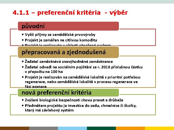 4. 1. 1 – preferenční kritéria - výběr původní • Vyšší příjmy ze zemědělské