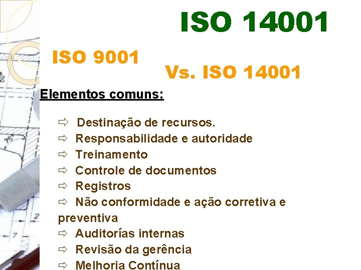 ISO 14001 ISO 9001 Vs. ISO 14001 Elementos comuns: ð Destinação de recursos. ð