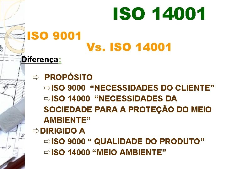 ISO 14001 ISO 9001 Vs. ISO 14001 Diferença: ð PROPÓSITO ðISO 9000 “NECESSIDADES DO