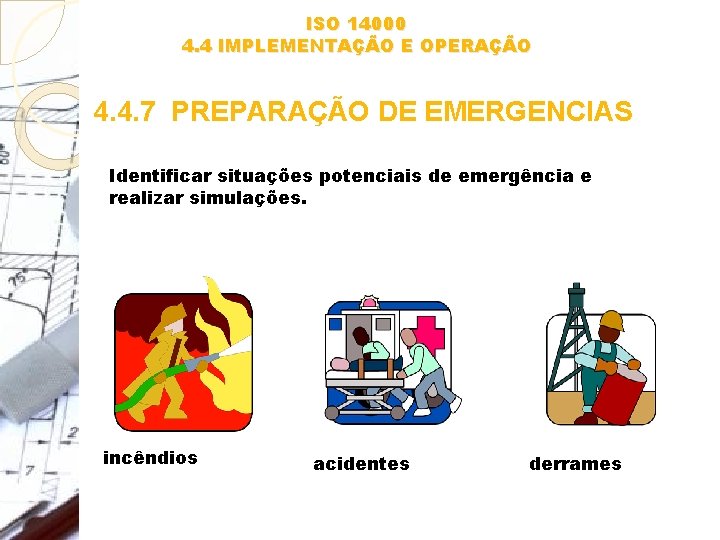 ISO 14000 4. 4 IMPLEMENTAÇÃO E OPERAÇÃO 4. 4. 7 PREPARAÇÃO DE EMERGENCIAS Identificar