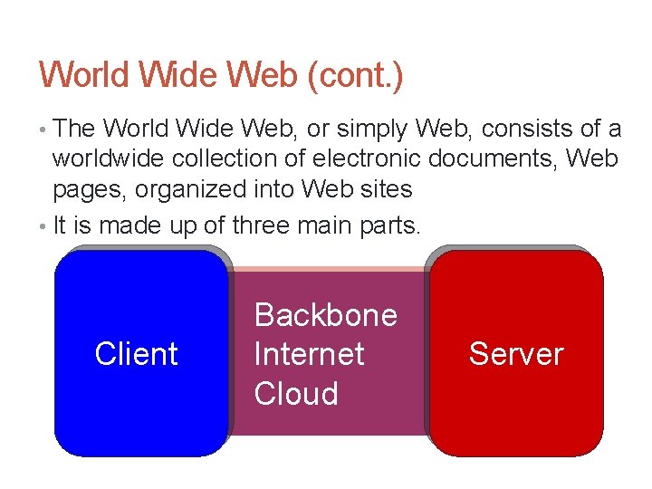 World Wide Web (cont. ) • The World Wide Web, or simply Web, consists