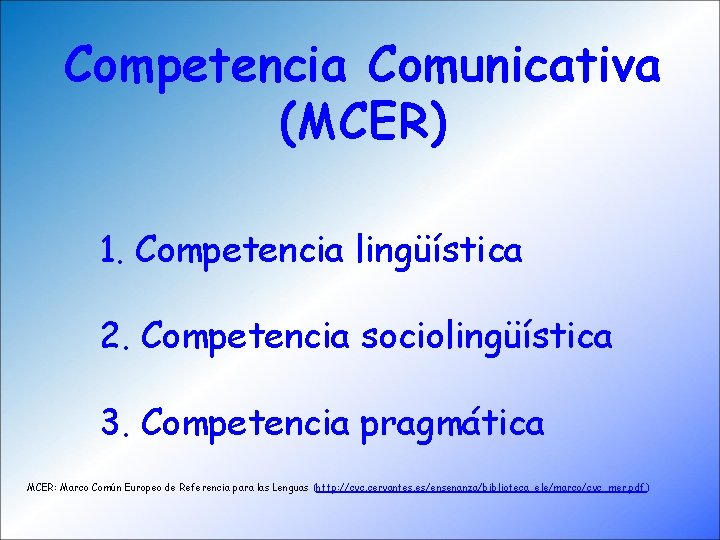 Competencia Comunicativa (MCER) 1. Competencia lingüística 2. Competencia sociolingüística 3. Competencia pragmática MCER: Marco