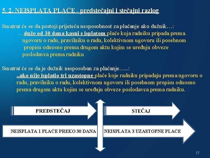 5. 2. NEISPLATA PLAĆE - predstečajni i stečajni razlog Smatrat će se da postoji