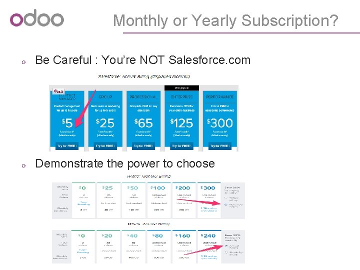Monthly or Yearly Subscription? o Be Careful : You’re NOT Salesforce. com o Demonstrate