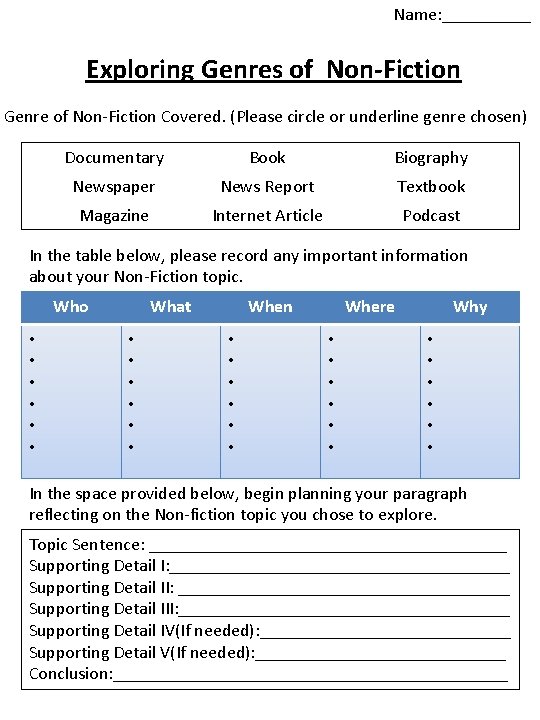 Name: _____ Exploring Genres of Non-Fiction Genre of Non-Fiction Covered. (Please circle or underline