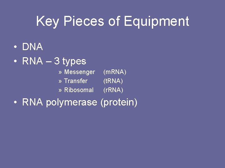 Key Pieces of Equipment • DNA • RNA – 3 types » Messenger »