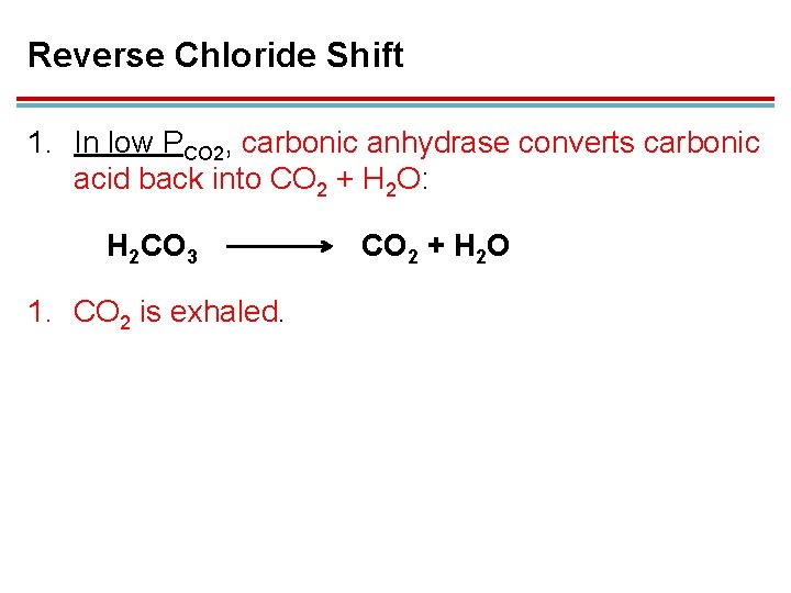 Reverse Chloride Shift 1. In low PCO 2, carbonic anhydrase converts carbonic acid back