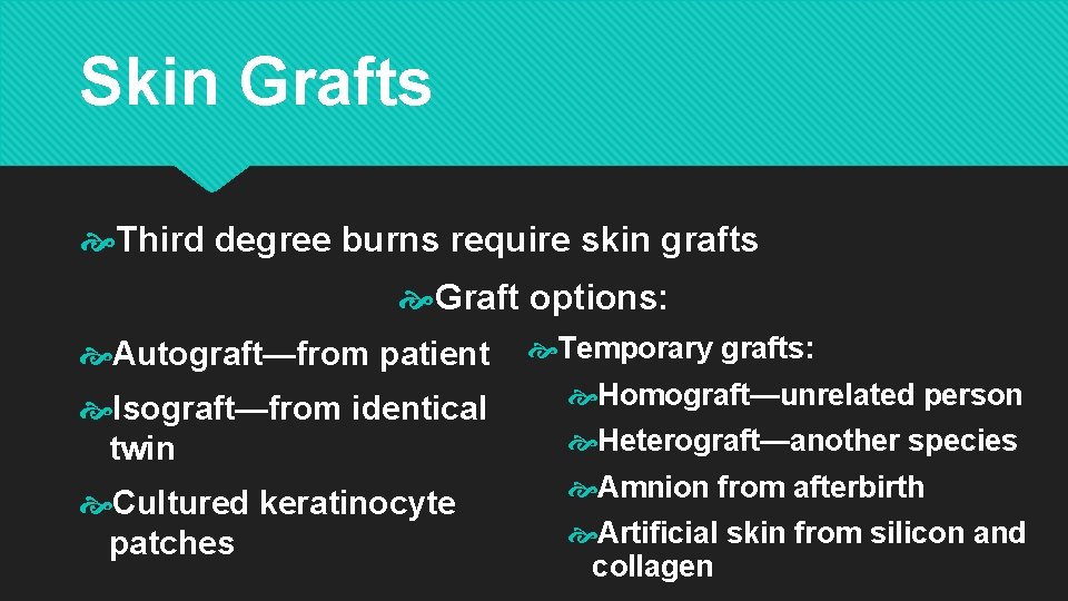 Skin Grafts Third degree burns require skin grafts Graft options: Autograft—from patient Temporary grafts: