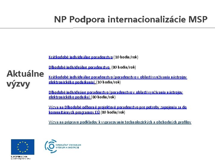 NP Podpora internacionalizácie MSP Krátkodobé individuálne poradenstvo (10 hodín/rok) Aktuálne výzvy Dlhodobé individuálne poradenstvo