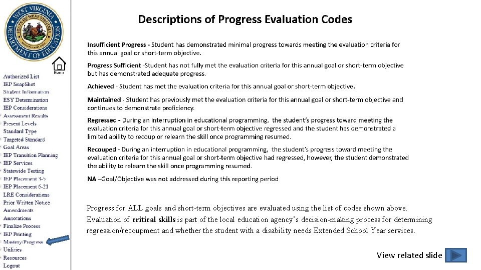 Progress for ALL goals and short-term objectives are evaluated using the list of codes