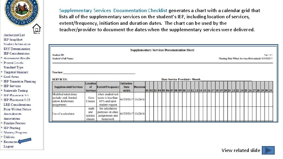 Supplementary Services Documentation Checklist generates a chart with a calendar grid that lists all