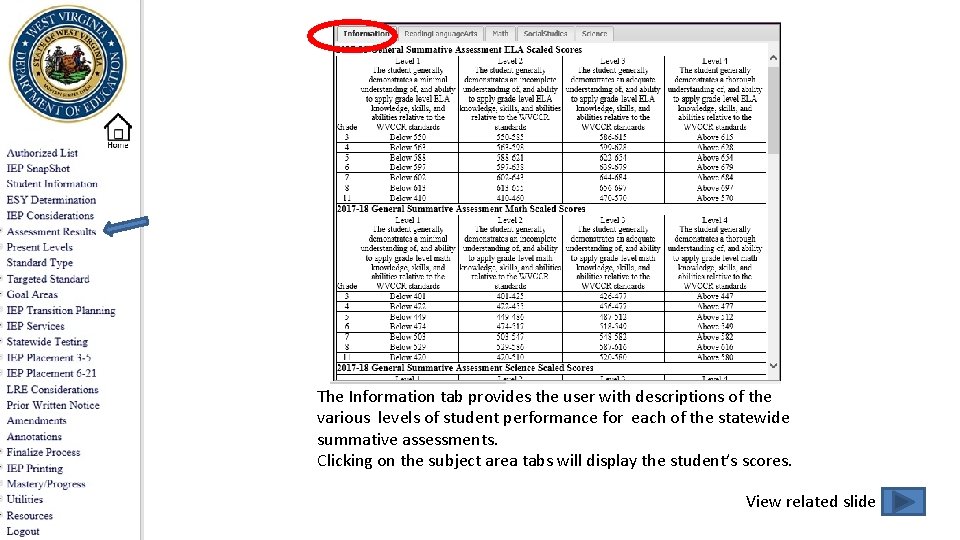 The Information tab provides the user with descriptions of the various levels of student