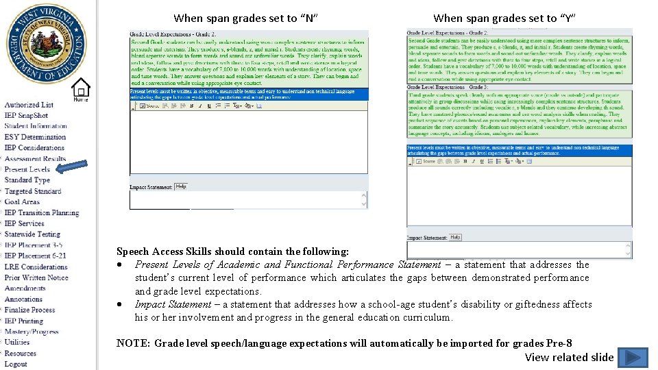 When span grades set to “N” When span grades set to “Y” Speech Access