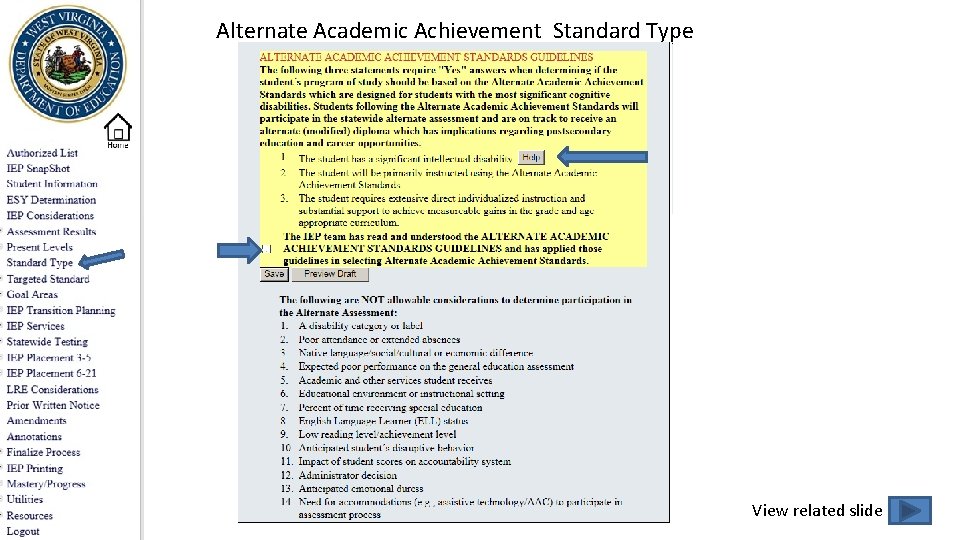 Alternate Academic Achievement Standard Type View related slide 