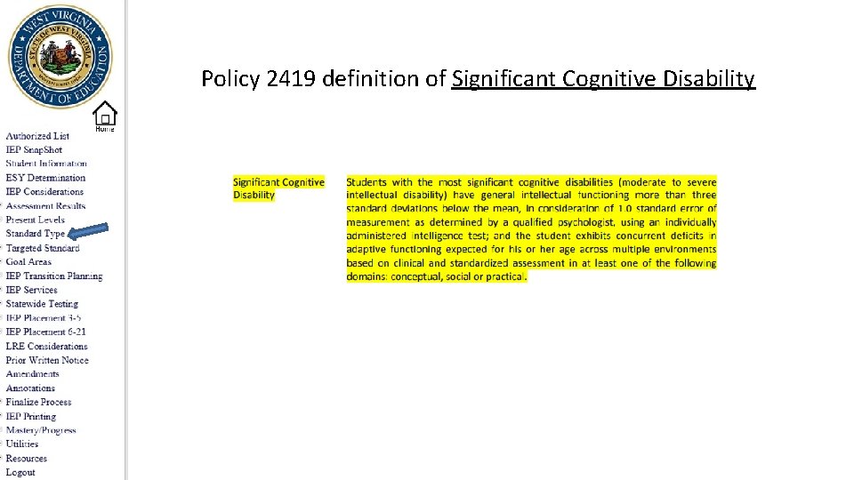 Policy 2419 definition of Significant Cognitive Disability 