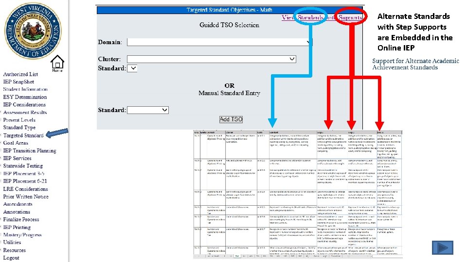 Alternate Standards with Step Supports are Embedded in the Online IEP 