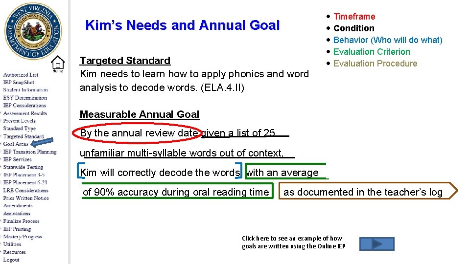 Kim’s Needs and Annual Goal Targeted Standard Kim needs to learn how to apply