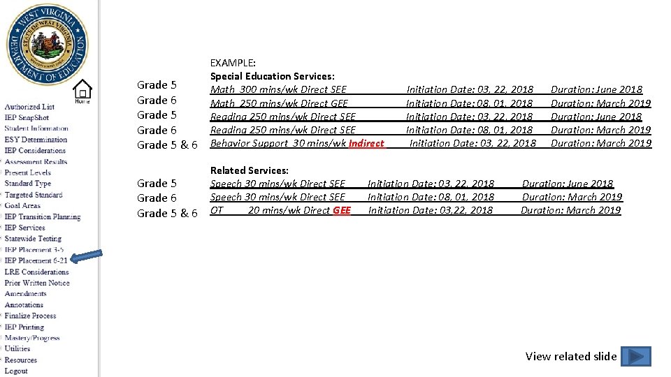 Grade 5 Grade 6 Grade 5 & 6 EXAMPLE: Special Education Services: Math 300