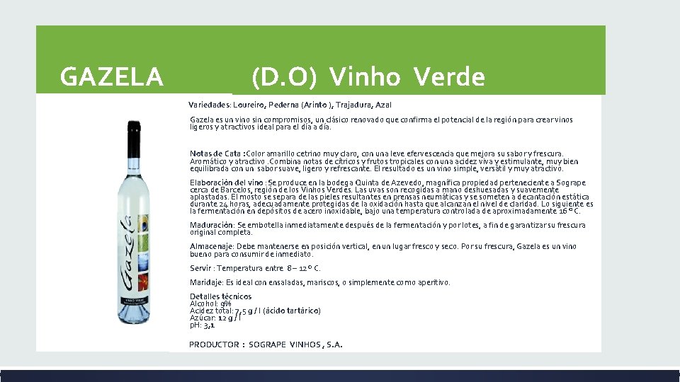  GAZELA (D. O) Vinho Verde Variedades: Loureiro, Pederna (Arinto ), Trajadura, Azal Gazela