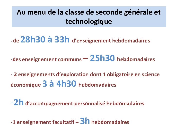 Au menu de la classe de seconde générale et technologique - de 28 h