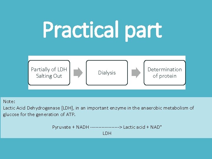 Practical part Partially of LDH Salting Out Dialysis Determination of protein Note: Lactic Acid