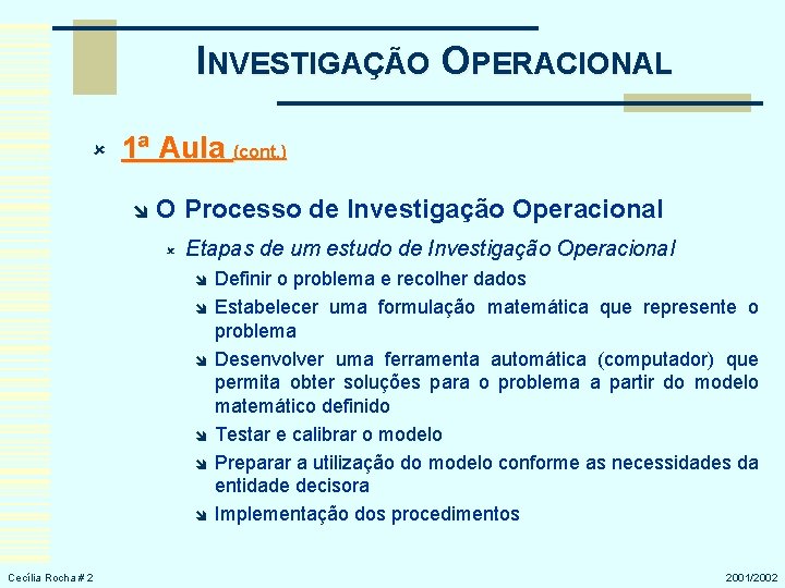 INVESTIGAÇÃO OPERACIONAL û 1ª Aula (cont. ) î O Processo de Investigação Operacional û