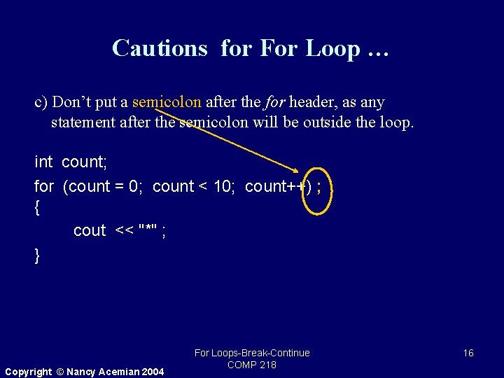 Cautions for For Loop … c) Don’t put a semicolon after the for header,