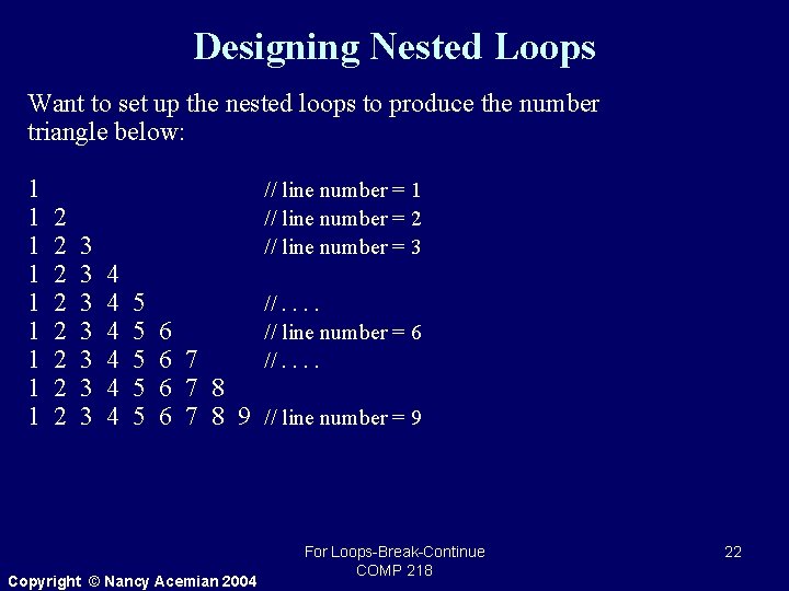 Designing Nested Loops Want to set up the nested loops to produce the number