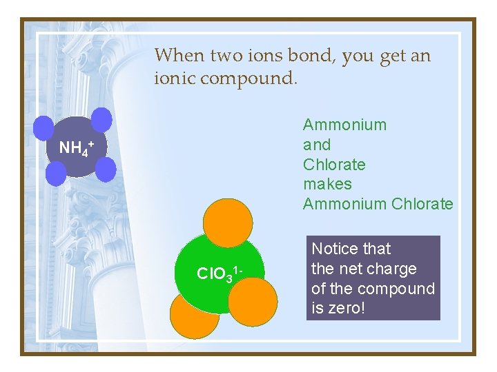 When two ions bond, you get an ionic compound. Ammonium and Chlorate makes Ammonium