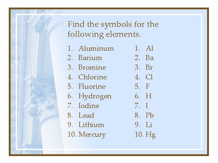 Find the symbols for the following elements. 1. Aluminum 2. Barium 3. Bromine 4.