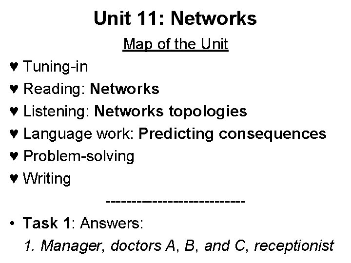 Unit 11: Networks Map of the Unit ♥ Tuning-in ♥ Reading: Networks ♥ Listening: