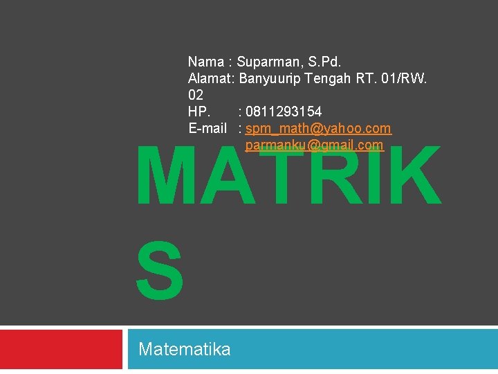 Nama : Suparman, S. Pd. Alamat: Banyuurip Tengah RT. 01/RW. 02 HP. : 0811293154