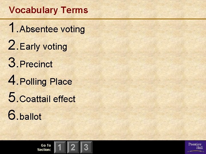 Vocabulary Terms 1. Absentee voting 2. Early voting 3. Precinct 4. Polling Place 5.