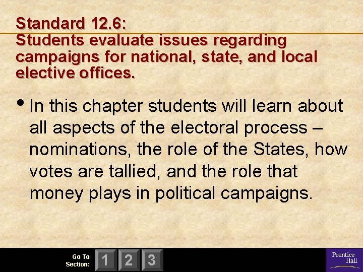 Standard 12. 6: Students evaluate issues regarding campaigns for national, state, and local elective