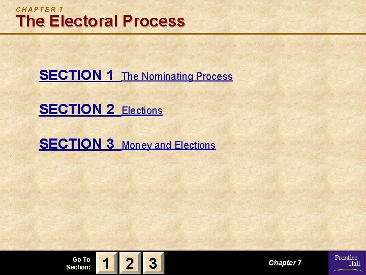 CHAPTER 7 The Electoral Process SECTION 1 The Nominating Process SECTION 2 Elections SECTION