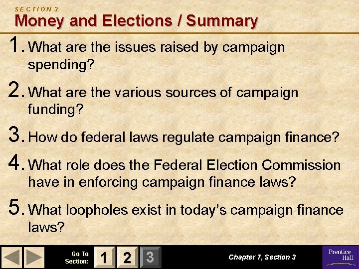 SECTION 3 Money and Elections / Summary 1. What are the issues raised by
