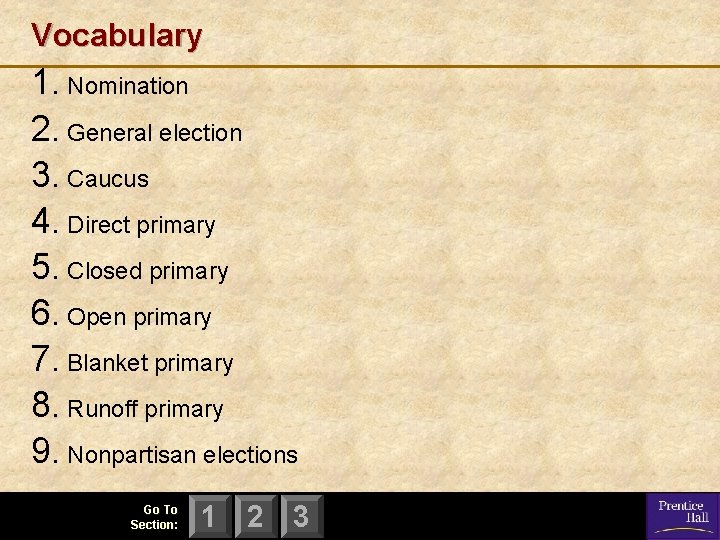 Vocabulary 1. Nomination 2. General election 3. Caucus 4. Direct primary 5. Closed primary