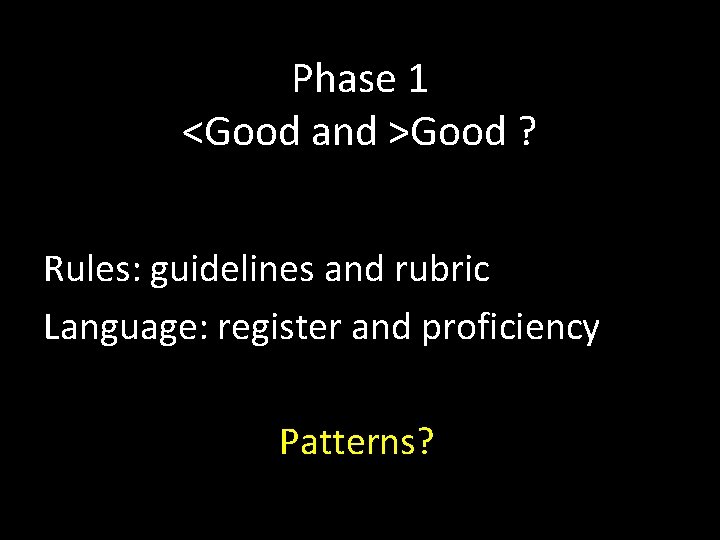 Phase 1 <Good and >Good ? Rules: guidelines and rubric Language: register and proficiency