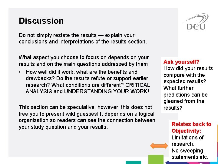 Discussion Do not simply restate the results — explain your conclusions and interpretations of