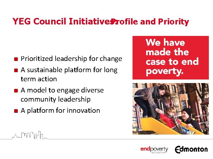 YEG Council Initiatives: Profile and Priority ■ Prioritized leadership for change ■ A sustainable