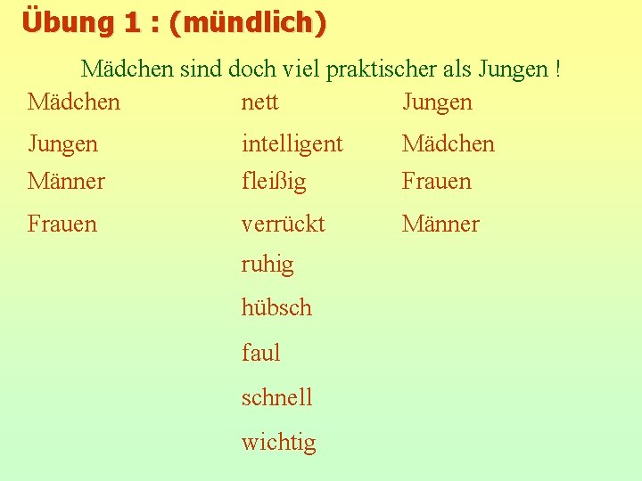 Übung 1 : (mündlich) Mädchen sind doch viel praktischer als Jungen ! Mädchen nett