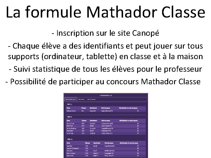 La formule Mathador Classe - Inscription sur le site Canopé - Chaque élève a