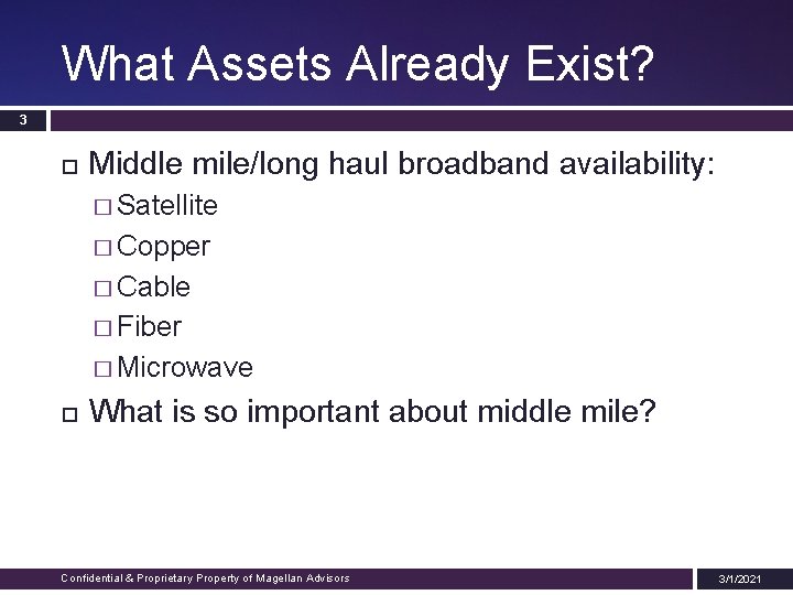 What Assets Already Exist? 3 Middle mile/long haul broadband availability: � Satellite � Copper