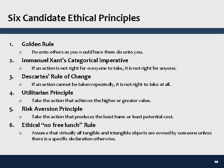 Six Candidate Ethical Principles 1. Golden Rule o 2. Immanuel Kant’s Categorical Imperative o