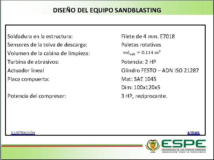 DISEÑO DEL EQUIPO SANDBLASTING Soldadura en la estructura: Sensores de la tolva de descarga: