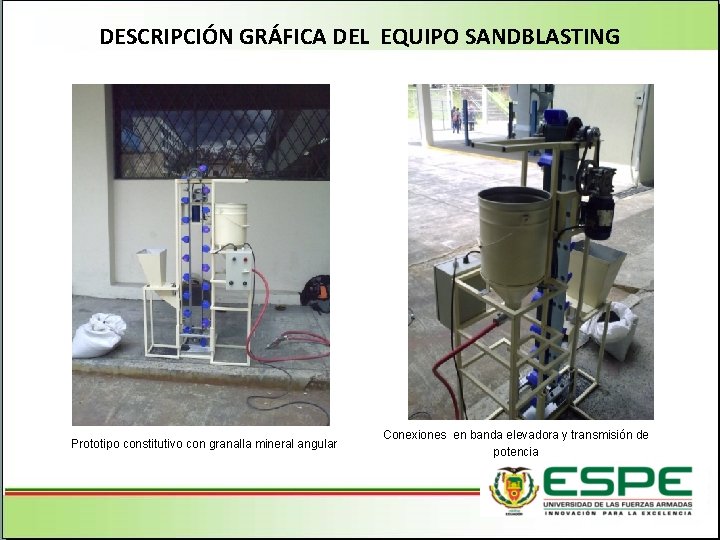 DESCRIPCIÓN GRÁFICA DEL EQUIPO SANDBLASTING Prototipo constitutivo con granalla mineral angular Conexiones en banda