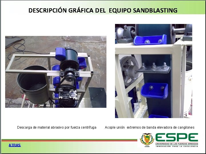 DESCRIPCIÓN GRÁFICA DEL EQUIPO SANDBLASTING Descarga de material abrasivo por fuerza centrífuga ATRAS Acople