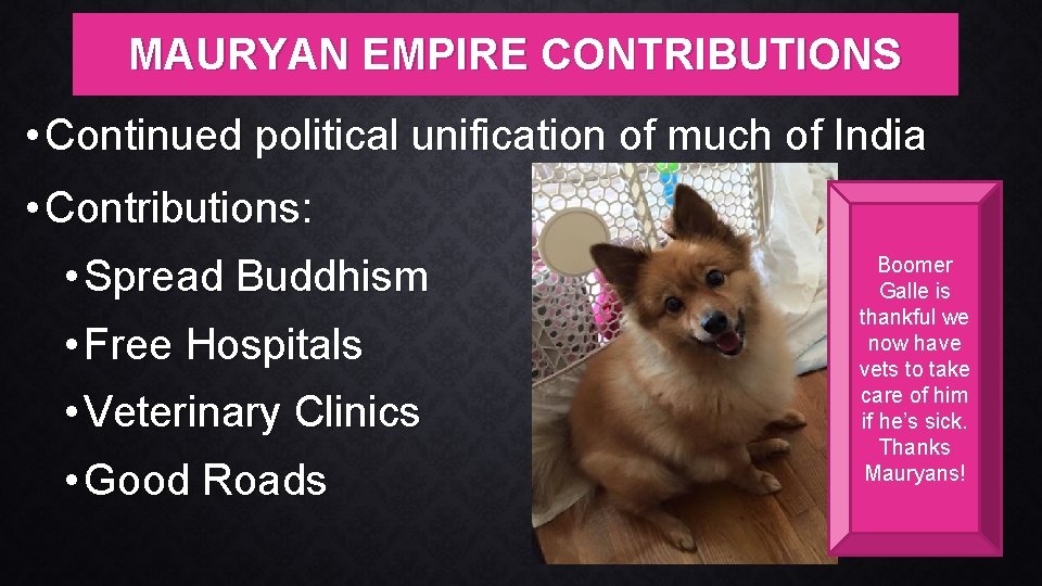 MAURYAN EMPIRE CONTRIBUTIONS • Continued political unification of much of India • Contributions: •