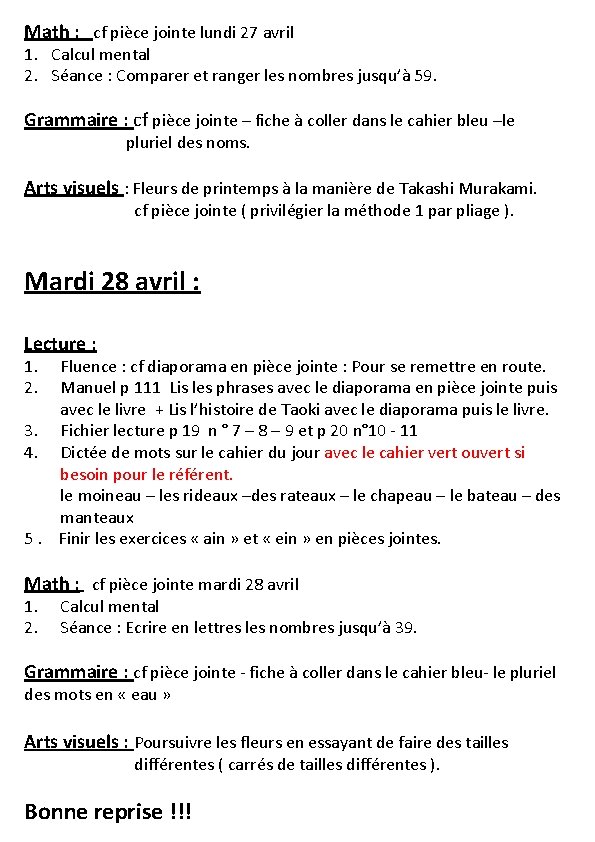 Math : cf pièce jointe lundi 27 avril 1. Calcul mental 2. Séance :